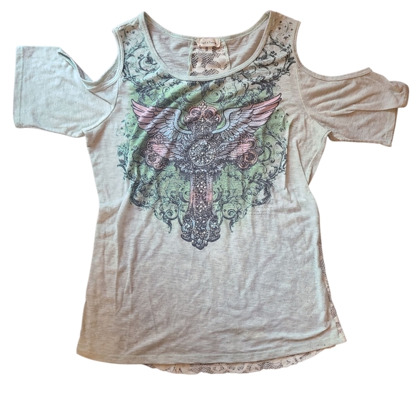 Angels & Diamonds Tops - Angels & Diamonds By Buckle Cold Shoulder Graphic Cross Tee with Lace Back